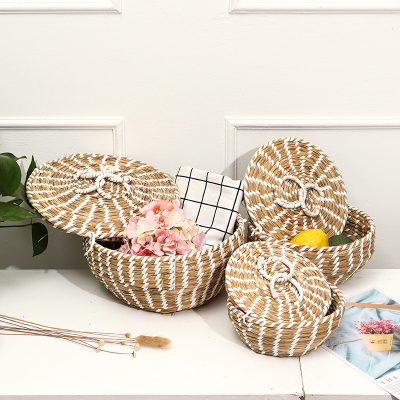 Handmade Straw Storage Basket Household Daily Dustproof with Lid Three-Piece Food Storage Basket Storage Basket Storage Box