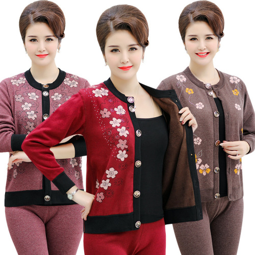middle-aged and elderly thermal underwear cardigan women‘s cardigan fleece-lined thickened mother style coat elderly xl set autumn clothes long pants