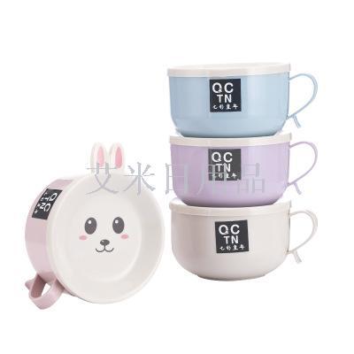 Wk-8933 stainless steel cartoon rabbit with cover bubble noodle bowl large bubble noodle cup elementary school tableware