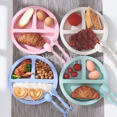 Wk-8922 wheat straw cartoon children grid plate kindergarten students tableware plate set of 3 sets