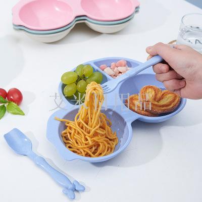 Wk-8923 small car wheat children's grid meal plate wheat straw mickey bowl tableware set assembly spoon fork