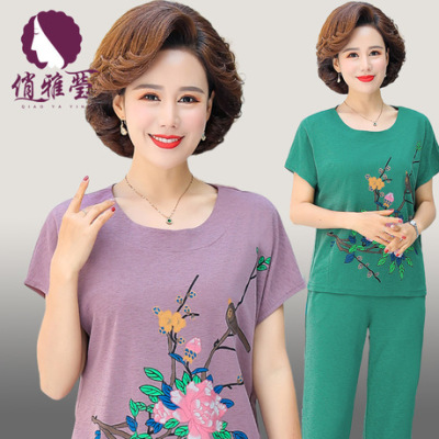 New mom summer wear two suits, middle aged large size, loose western style short sleeve blouse, middle aged and elderly women