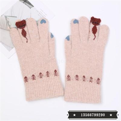 Women's Knitted Wool Finger Gloves Children's Student Thickened Warm and Cute Cat Five Finger Gloves