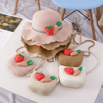Little spring-wave-edged children's straw hat summer girls go anywhere with beach hat, sun hat, hat, bag and outfit