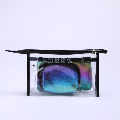 Outside transparent and inside dazzle colorful makeup bag three-piece travel portable storage wash bag