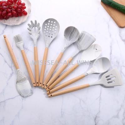 NEW  kitchen utensils wooden handle  INS hot marbling silicone shovel soup ladle brush spatula filter set