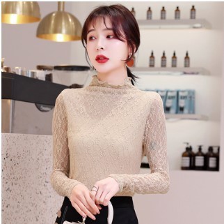 Real shoot half turtleneck lace undershirt \"women 's spring 2020 new western style mesh yarn with long sleeves
