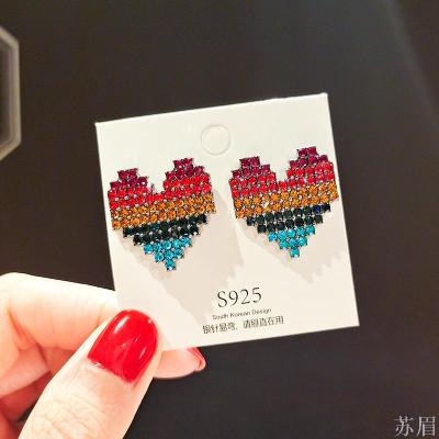 925 Silver Needle Korean Rainbow Fully Jeweled Loving Heart Stud Earrings Shining Smart Girls' Pink Heart Earrings Ins Style Simple Earrings