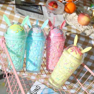 Web celebrity bunny head ice cream cup large capacity straw double layer cold water protection cup student gift portable cute