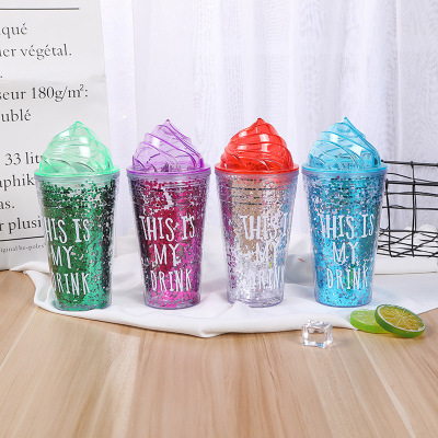 Summer creative flash powder fruit cup manufacturer sell hot ice cream cover flash powder cup double plastic water cup with straw