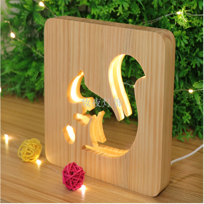 Cross - border squirrel wooden handicraft wood small night light hollow carving can be customized