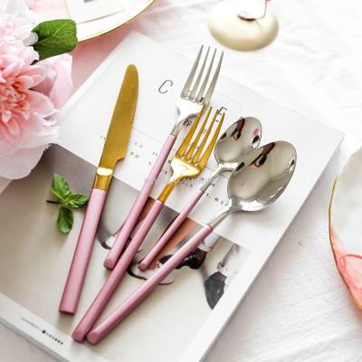 Summer hot Pink handle color 18-8 mirror light hotel restaurant cutlery gift set beef knife spoon coffee spoon fork