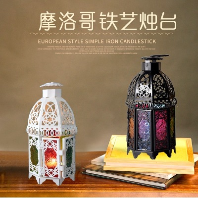 Factory Direct Sales European Wedding Decoration Craft Gift Retro Iron Art Morocco Colorful Storm Lantern Candlestick