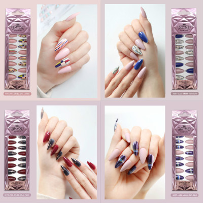 and American Almond Nail Pointed Toe Fake Nails 24 Pieces Metal New Craft Manicure Water Drop Wear Nail in Stock