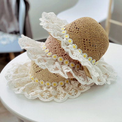 Summer girls straw hat baby hat's sun hat 1 to 4 years old 3 big eaves lace straw hat tide sun hat