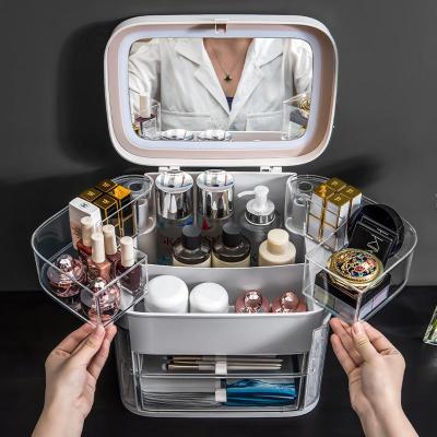 Baishang Makeup Storage Box Dustproof Skin Care Products Dresser Table Led with Mirror Jewelry Rack Cosmetic Box