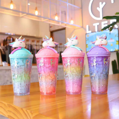 Factory Direct Sales Creative Unicorn Ice Cup Cute Girly Style Cool Water Cup Gradient Smoothie Cup Summer Cup