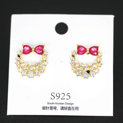 S925 Sterling Silver Needle Bow Rhinestone Studs Female Graceful Earrings Simple Wild Earrings