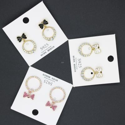 Trendy Bow Circle Ear Studs Women's Korean-Style Temperament and Fully-Jewelled Sterling Silver Earrings Letter All-Match Ear Jewelry