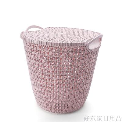 Factory Direct Sales round New Imitation Rattan with Lid Straw Rattan Storage Basket Hollow Plastic Storage Basket Double Handle