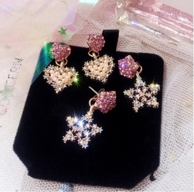 2019 New pink heart star 925 Silver Needle Earrings for female temperament South Korean personality versatile Earrings