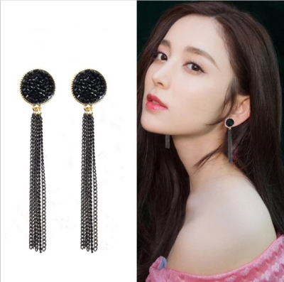 New 925 sterling silver long tassel Fashion personality round black stud wholesale