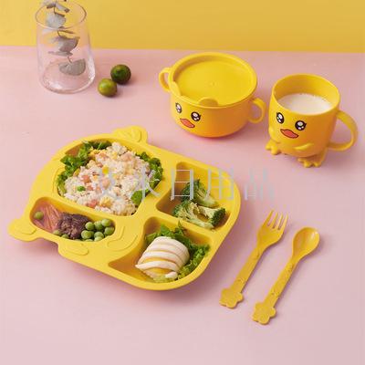 Jl-6230 household yellow duck tableware set for children divided into grainy slam plates, forks and spoons