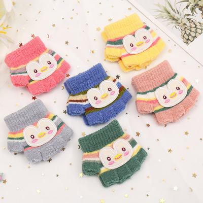Winter Children's Sub-Finger Knitted Warm Gloves Penguin Pattern Striped Girl's and Boy's Imitation Cashmere Gloves Factory Direct Sales