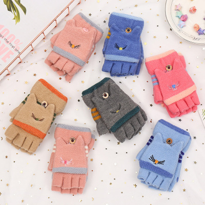 Winter children's half-finger knitted gloves flip-over warm gloves Cat pattern Stripes cashmere gloves for boys and girls