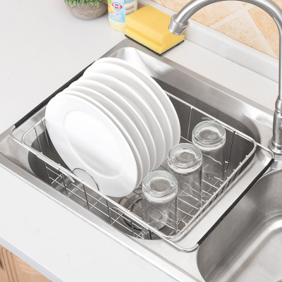 Stainless steel kitchen sink telescopic fruit and vegetable sink bowl dishes storage basket kitchen sink water rack