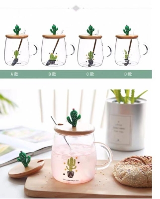 Creative personality Cactus wood Cover handle breakfast milk clear heat resistant glass tea cups for men and women