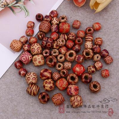 Retro printing large hole wood beads DIY jewelry accessories string beads loose beads mixed with colored wood round beads