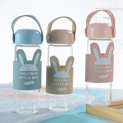 Rabbit Handle Cup Glass Simple Fresh with Handheld Cup Student Portable with Cartoon Leather Case Tea Cup