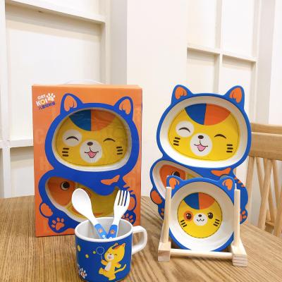 Bamboo Fiber Eco - Friendly Children's Tableware Portable Bowl Set Cartoon Lucky Cat Separate Table Plate
