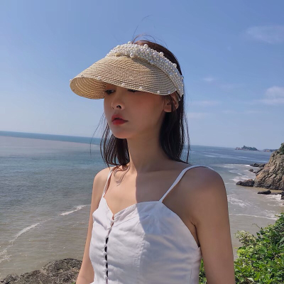 Internet Celebrity Ins Handmade Pearl Sunshade Straw Hat Summer Sun Protection Crownless Sun Hat Seaside Holiday Hairpin with Top Hat Tide