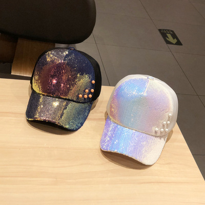 Spring and summer fashion personality Baseball Cap female outdoor outing Pearl Glitter Sunblock Chic versatile cap