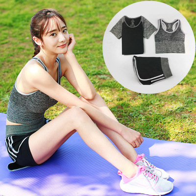 Summer and Autumn Fitness Wear Yoga Wear three-piece Ladies Slimming Speed dry running short sleeve fake two-piece shorts Exercise set