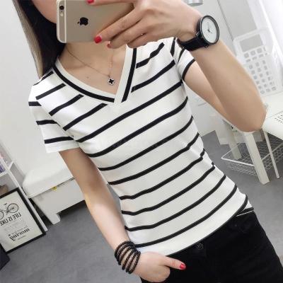 Available new summer plus-size slim short sleeved T-shirts over versatile black and white striped tops with V-collars
