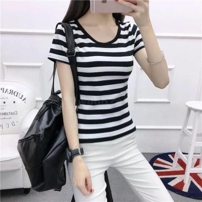 Spot short sleeve T-shirt Black and white striped round neck half sleeve top student's new Korean summer dress slim top