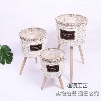 Creative Nordic Straw Woven Knitted Basket Flower Basket Bamboo Woven Rattan Woven Flower Pot Coats Flower Basket Woven Flower Pot Green Dill Flowerpot Wooden Feet