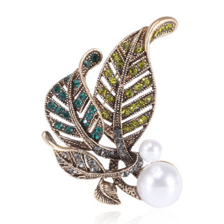 Cross-border hot Korean version of fashion retro creative Rhinestone Pearl Leaf Brooch Flexible temperament pins with Accessories