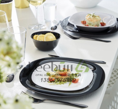 OPAL GLASSWARE white black plate bowl tempered glass porcelain