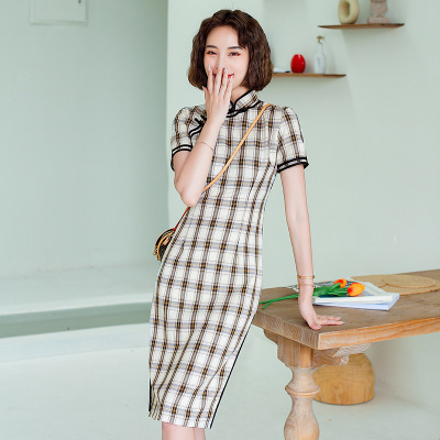 Women's dress summer cotton checked Cheongsam short-sleeved retro slim mid-length girls cheongsam improved dress
