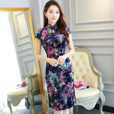 Women's autumn/winter show dress dress fashion renovation of the long cheongsam short-sleeved velvet Cheongsam