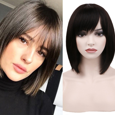 Amazon sells human hair wigs, short and straight with Neat Bangs