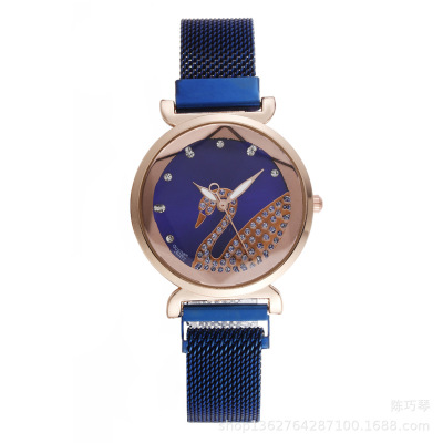 New Women's Gypsophila Watch Korean-Style Diamond Swan Starry Sky Dial Magnetic Holder Mesh Belt Trendy Lazy Watch