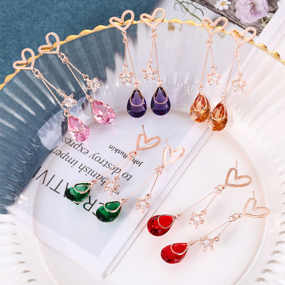 Fashion Love Heart Stud Earrings Temperament Mid-Length Water Drop Earrings Japan and South Korea Internet Hot Artificial Crystal Star Earrings Cool Earrings