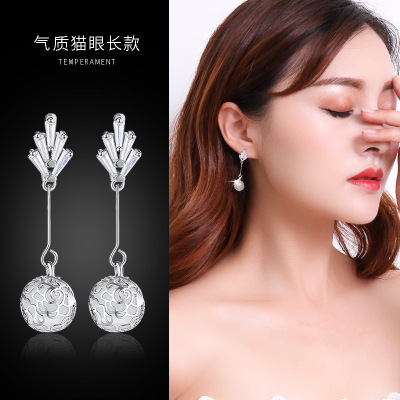 Manhuini Sterling Silver Needle Hollow Flower Cat Eye Earrings Fashion Elegant Female Earrings Temperament Wild Japanese and Korean Earrings
