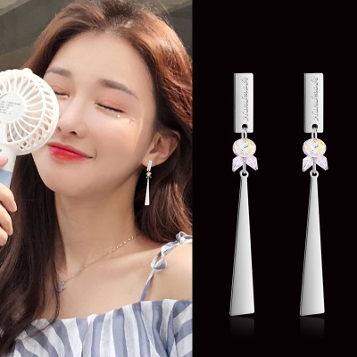 Eardrops Women's Korean-Style Simple All-Match Crystal Sticks Long Pendant Stud Earrings Thin Face Sterling Silver Earring/Pin