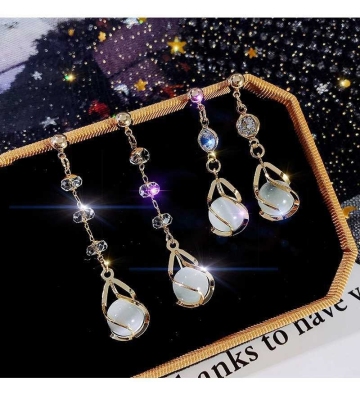 Japanese and Korean S925 silver needle Opal Opal temperament tassel long long fingernails small pure and fresh silver needle earrings
